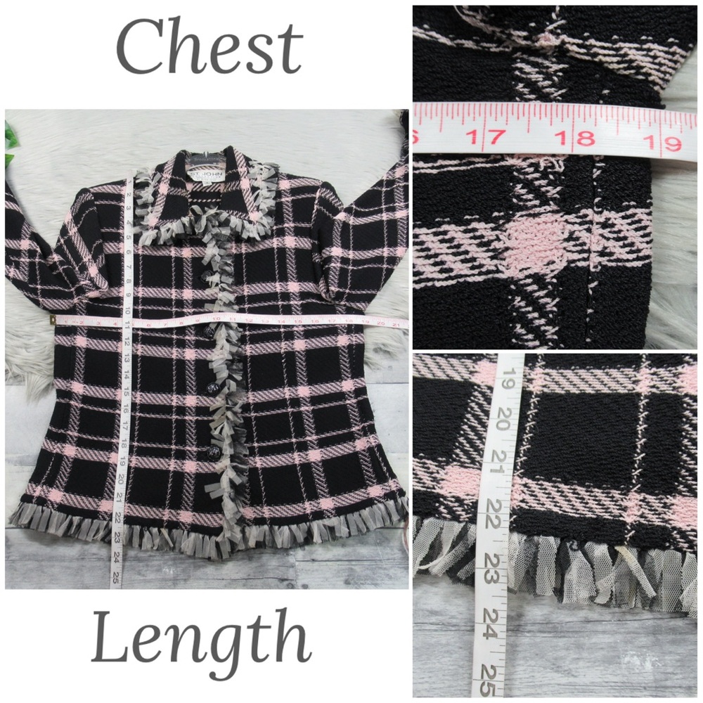ST. JOHN Santana Knit Pink & Black Plaid Mesh-Fringe Trim Jacket Blazer Size 10 - Picture 11 of 15